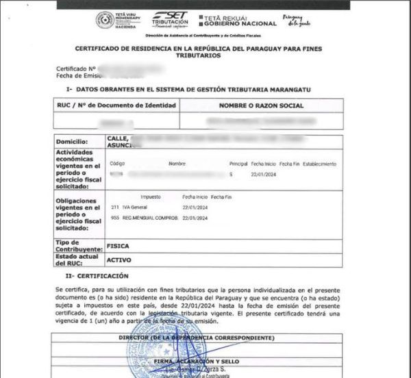 Bescheinigung des steuerlichen Wohnsitzes Paraguay
